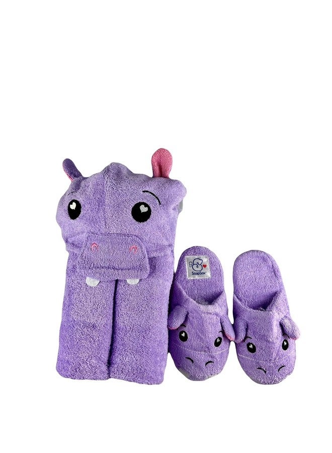 SoapSox- Harper the Hippo Hooded Bath Towel & Slipper Set for Kids- Soft 100% Cotton Towel with Hand Pockets and Matching Hippo Bath Slippers- 27 x 45”- Adorable Gift Set for Bath, Pool and Beach - Image 1